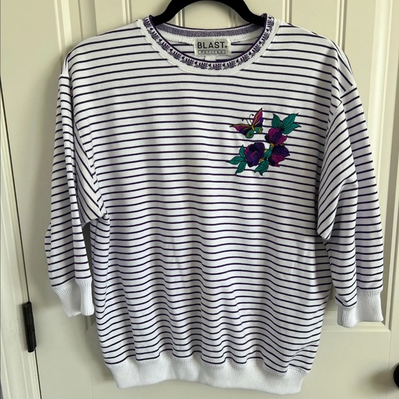 Blast petites striped 3/4 sleeve sweater with floral embroidery - Picture 1 of 4